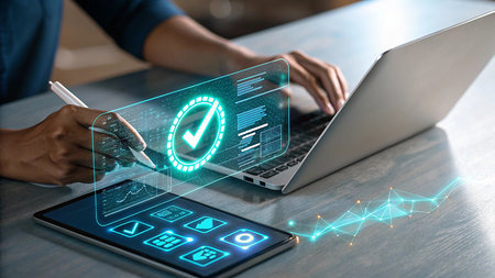 A person uses a laptop and tablet with holographic interfaces displaying digital approvals and app icons, signifying modern verification and data management.の素材