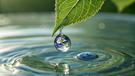 A single water drop, reflecting the Earth, falls from a vibrant green leaf into rippling water, symbolizing environmental care and renewal.の素材