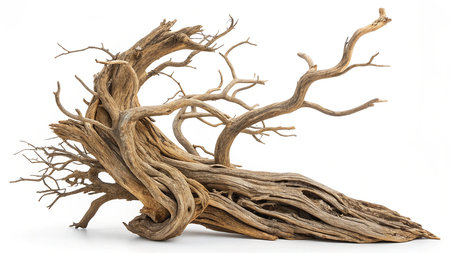 A detailed, weathered piece of driftwood with a twisted, sculptural form and numerous delicate, bare branches against a white background.の素材
