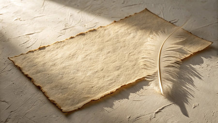 A textured, aged parchment lies on a rough surface, illuminated by dramatic sunlight. A delicate feather quill rests beside it, casting a long shadow.の素材