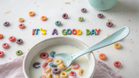 A bowl of colorful cereal with milk and a spoon, surrounded by scattered cereal pieces and alphabet letters spelling 'IT'S A GOOD DAY'.の素材