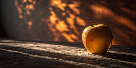 A single, ripe mango stands upright on a textured surface, illuminated by dramatic sunlight casting dappled shadows on a wall.の素材