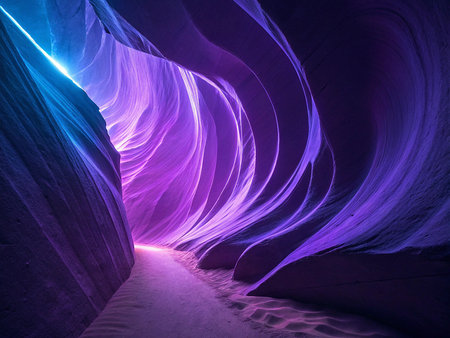 A narrow canyon path glows with ethereal purple and blue light, creating a surreal and otherworldly atmosphere. The rock formations are sculpted by light.の素材