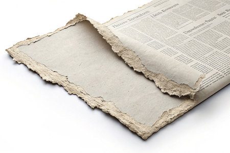 Close-up of a piece of handmade paper with a rough, textured surface and uneven, torn edges. The paper is a light, neutral color.の素材