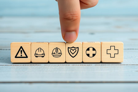 A finger presses down on wooden blocks, each displaying a different safety or protection icon, symbolizing security and well-being.の素材