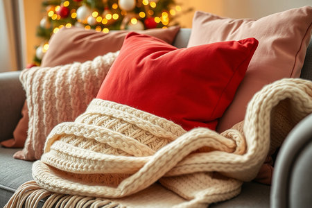 A close-up shot of a sofa adorned with festive Christmas pillows and a chunky knit blanket, creating a warm and inviting holiday atmosphere.の素材