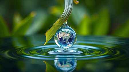 A single water droplet, reflecting the Earth, falls onto rippling water. A green leaf is draped over the falling water.の素材