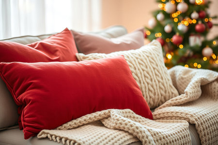 A comfortable couch adorned with festive red and cream pillows and a knitted blanket, with a softly lit Christmas tree in the background.の素材