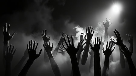 A group of dark, silhouetted hands are raised and reaching upwards in a smoky, atmospheric environment with a bright light source.の素材