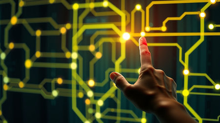 A hand touches a glowing point on a complex, illuminated digital circuit board, symbolizing technological innovation and connection.の素材