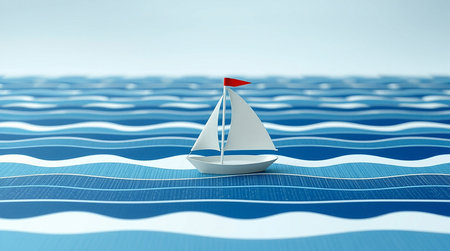 A miniature white sailboat with a red flag sails on a vibrant, stylized ocean of blue and white waves under a clear sky.の素材