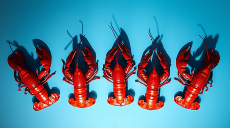 A top down view of five vibrant red crawfish lined up against a bright blue background.の素材