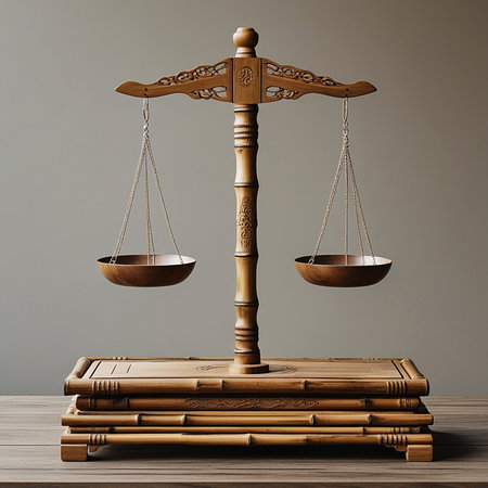 A vintage wooden balance scale with two brass pans sits on a weathered wooden surface against a neutral background.の素材