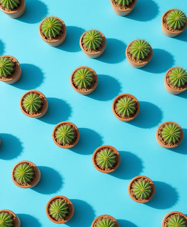 A repeating pattern of small potted succulents arranged diagonally on a vibrant blue surface with distinct shadows.の素材