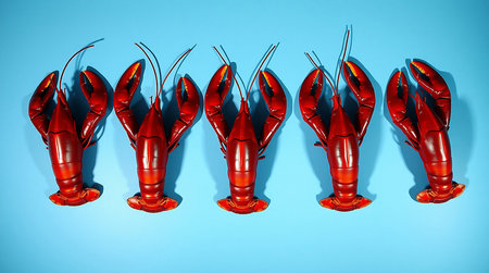 A row of five shiny red lobster decorations are displayed against a vibrant blue background, creating a festive and playful scene.の素材