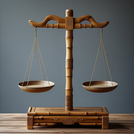 An old-fashioned wooden balance scale with brass pans sits on a weathered wooden surface against a dark grey background.の素材