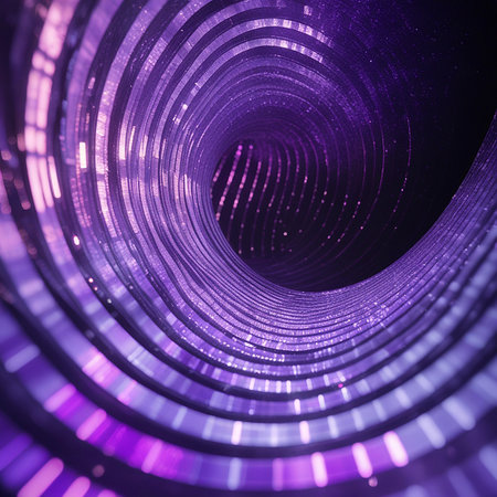 A mesmerizing, abstract tunnel of swirling purple light with glittering cosmic dust and streaks of pink and blue.の素材