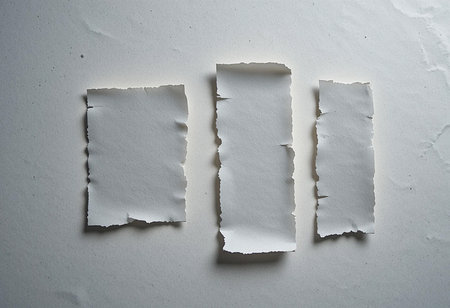 Three irregularly torn pieces of light-colored paper are arranged vertically on a subtly textured, neutral background.の素材