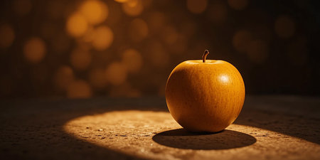 A single, ripe golden apple sits illuminated by a soft spotlight on a textured, rustic surface, creating a warm and inviting atmosphere.の素材