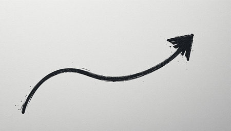 A thick, black, hand-drawn arrow curves upwards and to the right against a clean white background.の素材