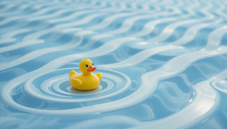 A single yellow rubber duck floats serenely in the center of a pool of blue water, creating gentle ripples around it.の素材