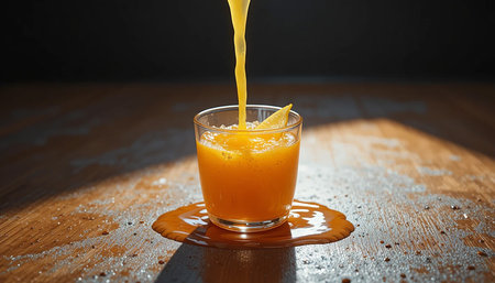 Fresh orange juice is poured into a glass, overflowing and spilling onto a textured surface, creating a dynamic and refreshing scene.の素材