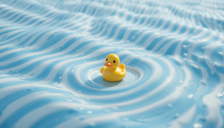 A single, bright yellow rubber duck bobs in the center of concentric ripples on a clear blue water surface.の素材