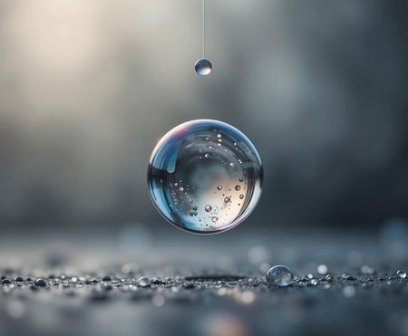 A single water droplet suspended in air, reflecting the surroundings, with another droplet falling towards it.の素材