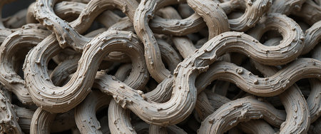 A close-up view of tightly woven, gnarled tree roots and vines creating a complex, textured natural pattern.の素材