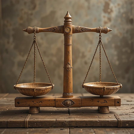 A vintage wooden balance scale with brass pans sits on a weathered wooden surface, evoking a sense of history and justice.の素材