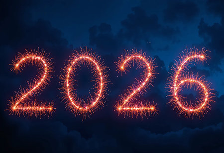 The year 2026 is depicted in bright, fiery sparklers against a deep blue, starry night background.の素材
