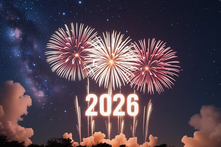 A vibrant fireworks show illuminates the night sky, marking the beginning of the year 2026 with dazzling bursts of light and color.の素材