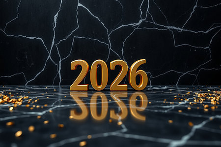Golden 3D numbers spelling out 2026 are displayed prominently, reflecting on a dark, marbled surface with scattered gold confetti.の素材