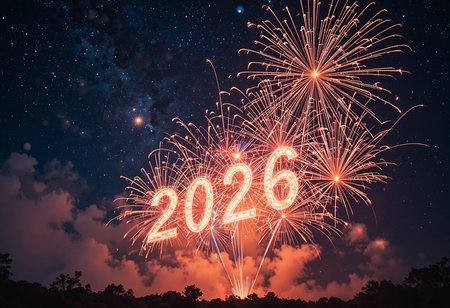 A vibrant fireworks show illuminates the night sky, with the year 2026 prominently displayed in fiery numerals.の素材