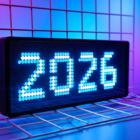 A digital clock shows the year 2026 illuminated by bright blue and white LED lights.の素材