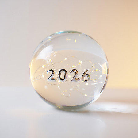 A clear crystal ball shows the year 2026 reflected within its surface.の素材