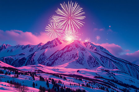 Vibrant fireworks illuminate a majestic snow-covered mountain range under a twilight sky.の素材