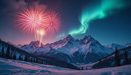 A vibrant display of aurora borealis and fireworks illuminates a snow-covered mountain range at night.の素材