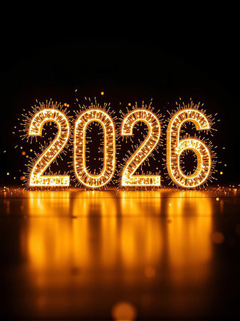 Bright golden numbers 2026 glow with sparks and reflect on a dark surface.の素材
