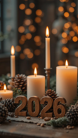Warm candlelight illuminates pinecones and gingerbread numbers marking the new year.の素材