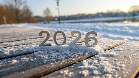 The year 2026 is depicted in metallic numbers on a wooden surface covered in snow.の素材