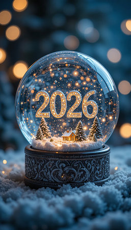 A festive snow globe displays the year 2026 amidst a winter scene and bokeh lights.の素材