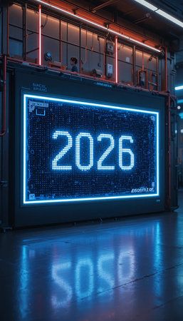 A bright blue digital display shows the year 2026, reflecting on a wet floor.の素材