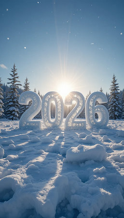 Ice numbers spelling 2026 stand in a snowy, sunlit winter forest setting.の素材