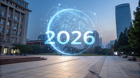 A modern city square with a large, glowing digital globe displaying the year 2026.の素材