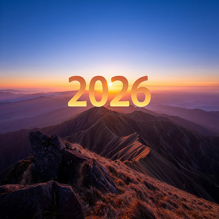The number 2026 glows brightly atop a mountain range during a vibrant sunrise.の素材