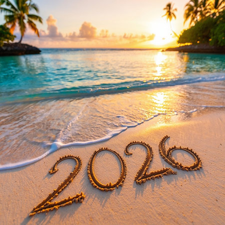 The year 2026 is written in the sand on a tropical beach during a vibrant sunset.の素材