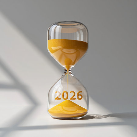 A clear hourglass with golden sand flowing, displaying the year 2026.の素材