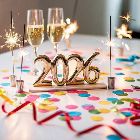 Golden 2026 numerals, champagne flutes, sparklers, and colorful confetti set for a festive New Year's Eve party.の素材