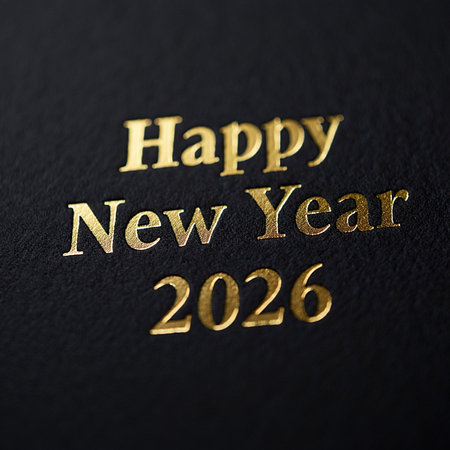 Shiny gold lettering spells out Happy New Year 2026 against a dark, textured background.の素材